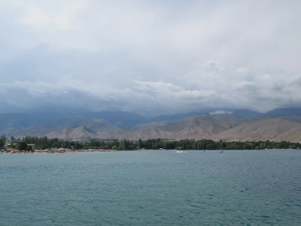 Lake Issyk-Kul with the mountains of Kyrgyzstan on the far shore